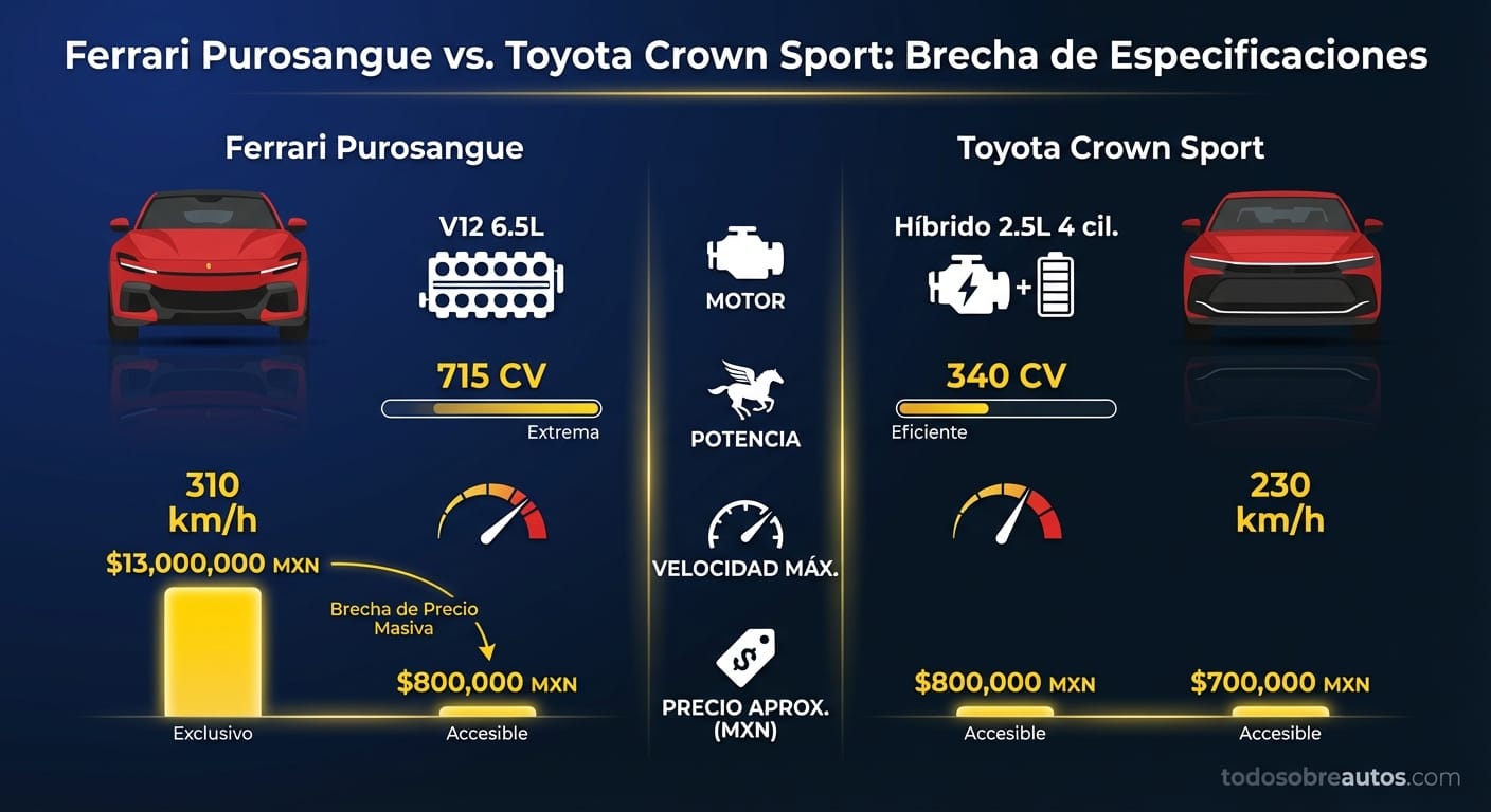 Infografía comparativa: Ferrari Purosangue vs Toyota Crown Sport - Especificaciones y precio
