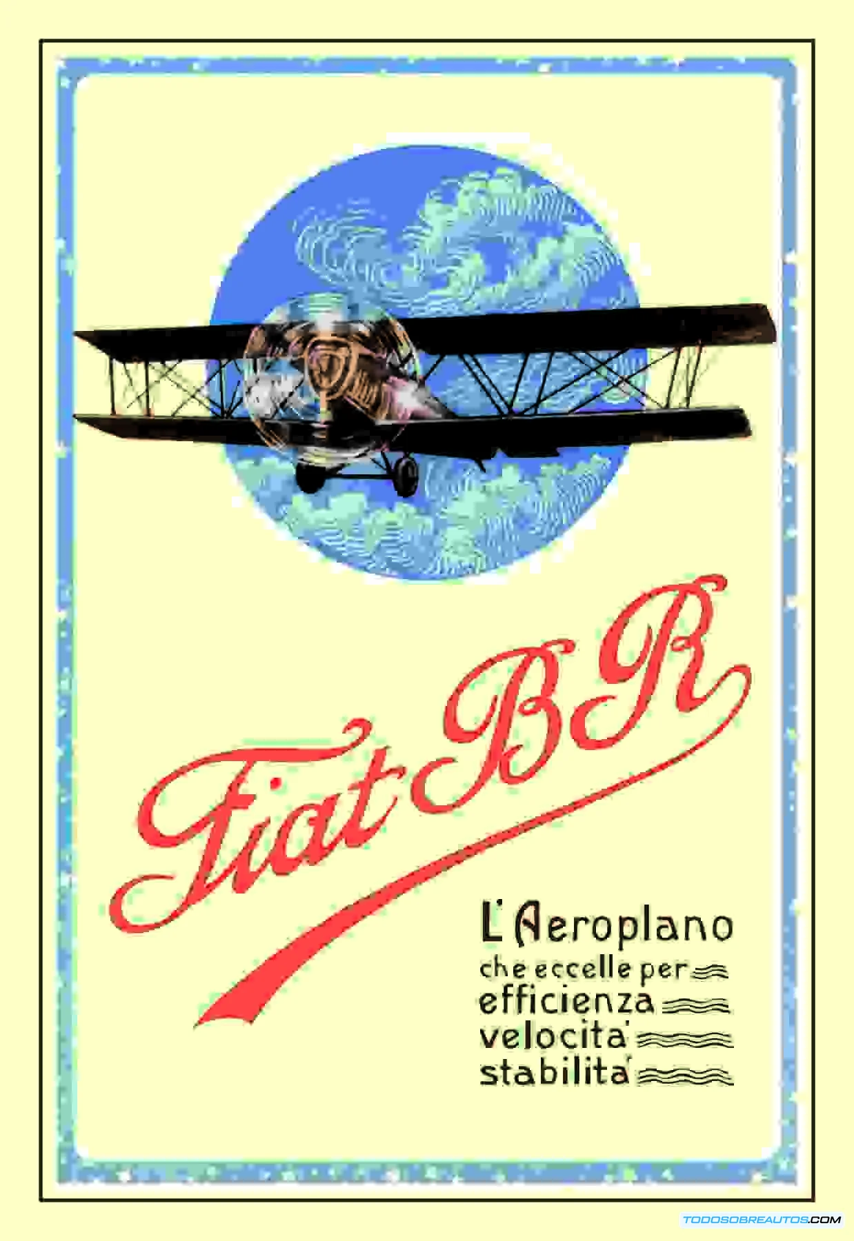 Cartel publicitario vintage que muestra un avión y un automóvil, ilustrando la conexión histórica y promocional entre las industrias de la aviación y el automóvil a principios del siglo XX.