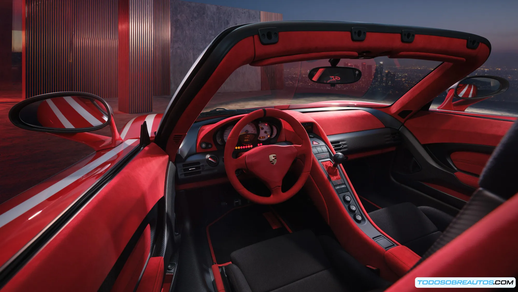 Porsche Carrera GT con diseño 917K Salzburg - Vista lateral mostrando las franjas rojas y blancas