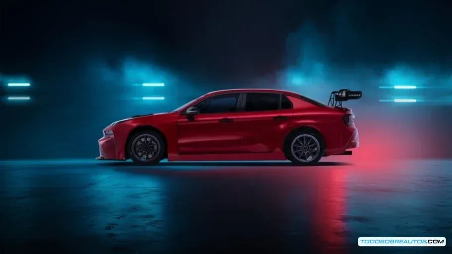 Interior de cabina del Lynk & Co 03+ TCR mostrando volante deportivo con controles de paddle shift, jaula de seguridad integrada y asientos de competición con arneses de 6 puntos