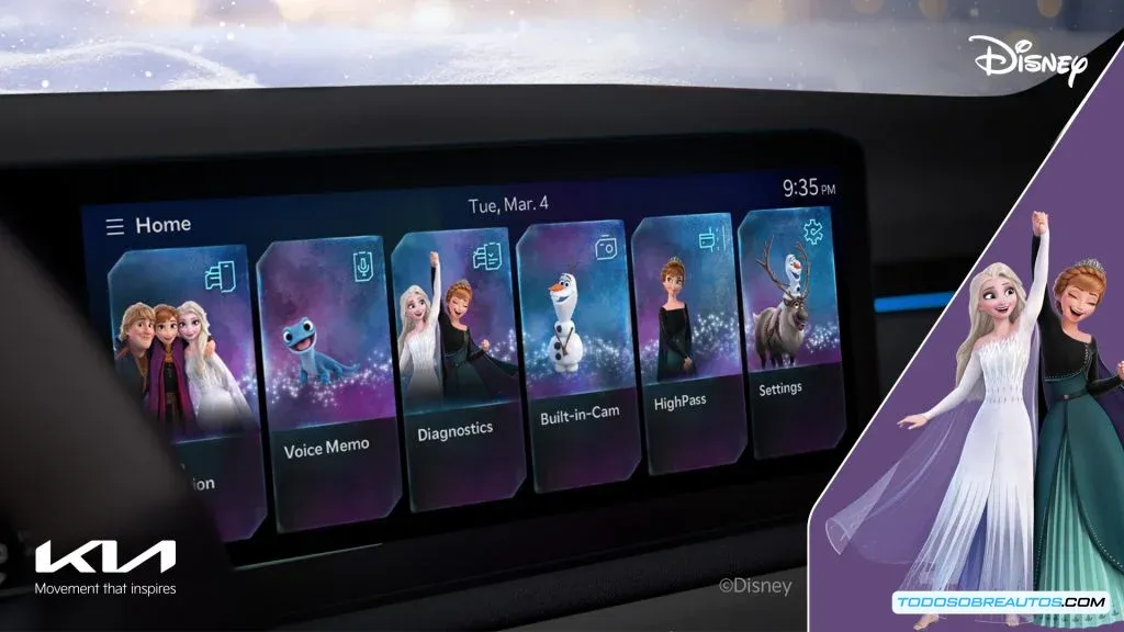 Comparativa de diferentes pantallas del sistema ccNC de Kia mostrando temas personalizados de Star Wars, Toy Story y National Geographic, ejemplificando la diversidad de opciones de personalización digital disponibles.