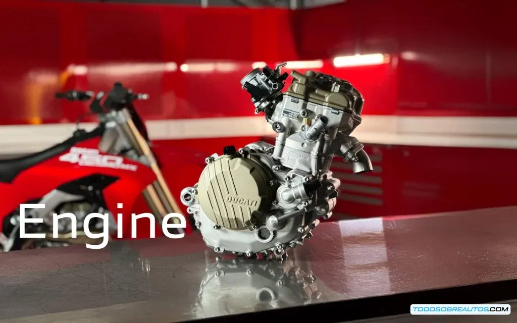 Detalle del motor desmodrómico de la Ducati Desmo 450 MX.