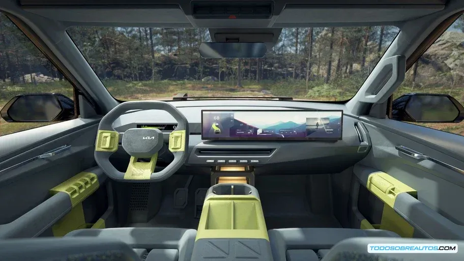 Interior del Kia EV5 WKNDR con display deslizable, interfaz HMI plana y consola central multifunción para aventureros