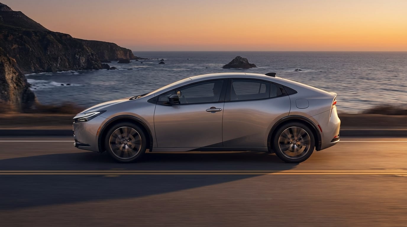 Toyota Prius 2025 en carretera costera - Ejemplo de la exitosa estrategia híbrida de Toyota