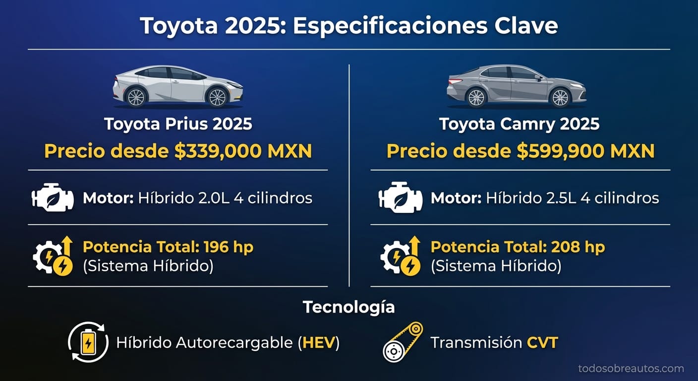 Infografía comparativa de especificaciones: Toyota Prius 2025 vs Toyota Camry 2025