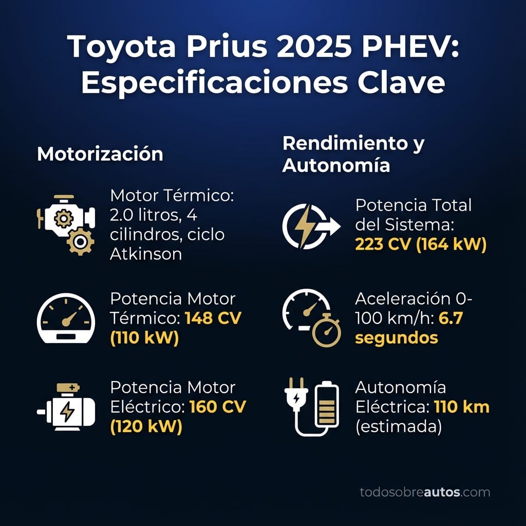 Infografía de especificaciones técnicas del Toyota Prius 2025 Híbrido Enchufable