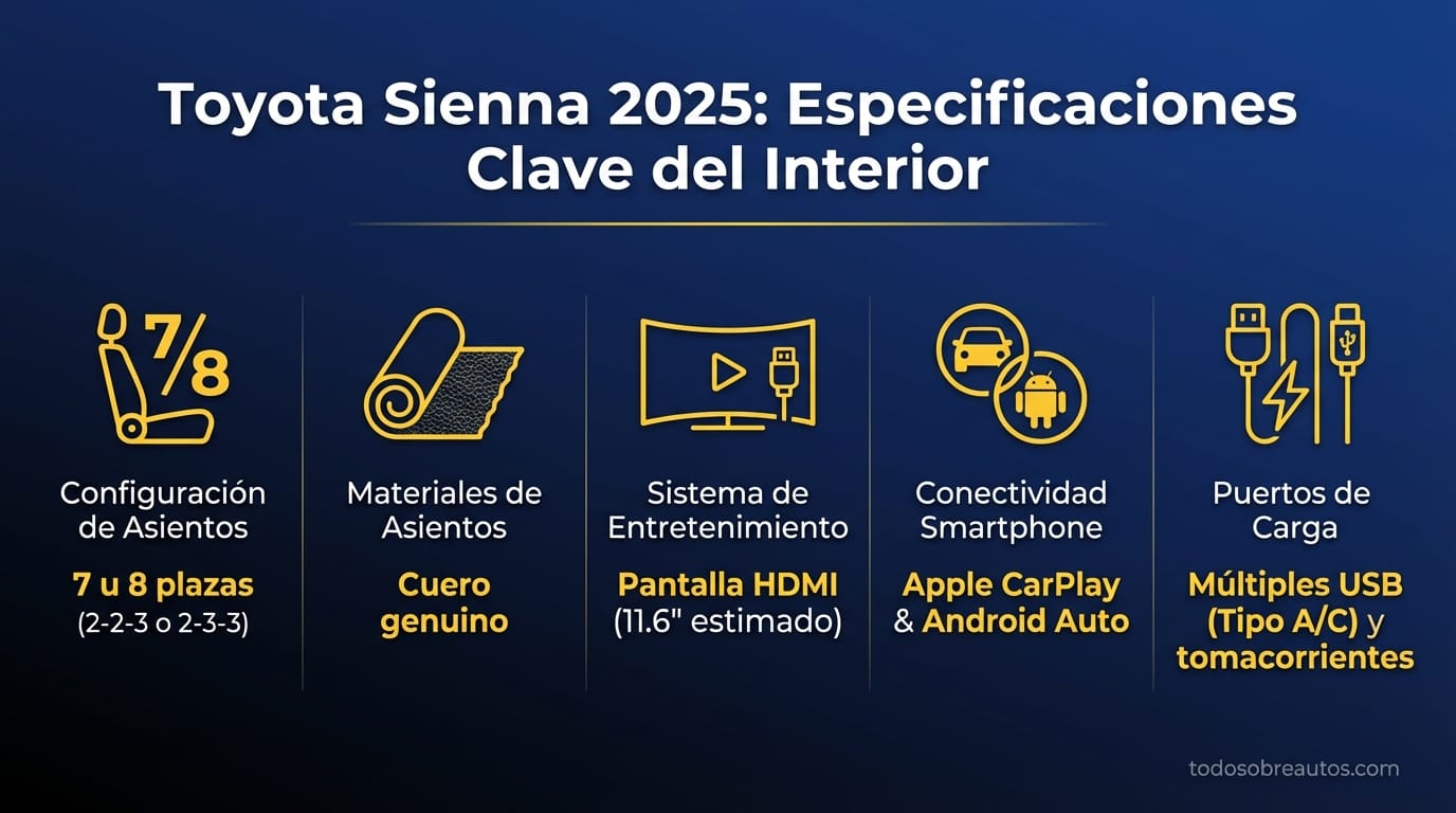 Infografía de especificaciones del interior de la Toyota Sienna 2025