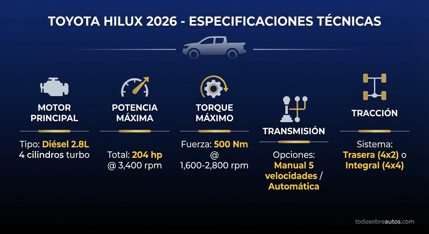 Infografía de especificaciones técnicas de la Toyota Hilux 2026