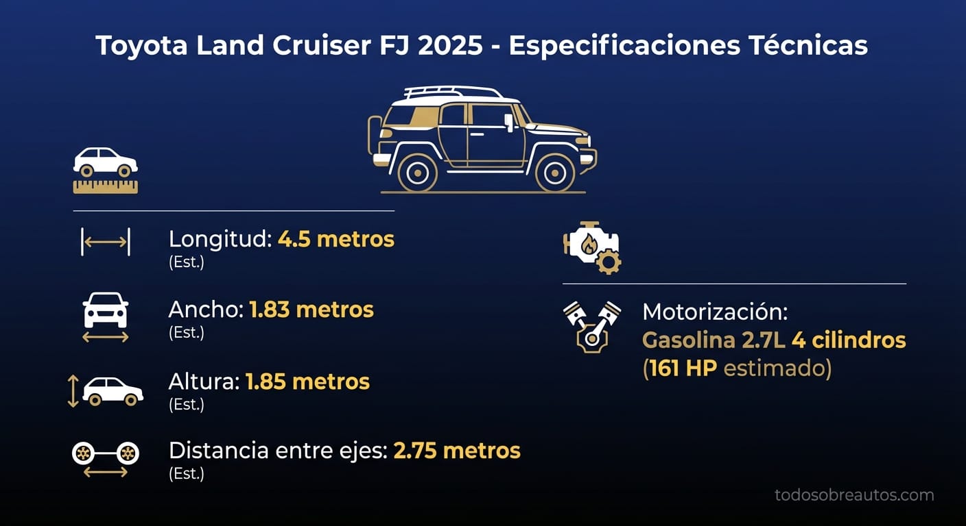 Infografía de especificaciones técnicas del Toyota Land Cruiser FJ 2025