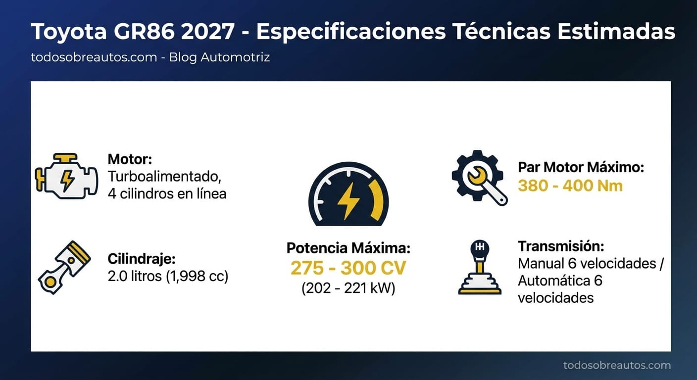 Infografía de especificaciones técnicas del Toyota GR86 2027