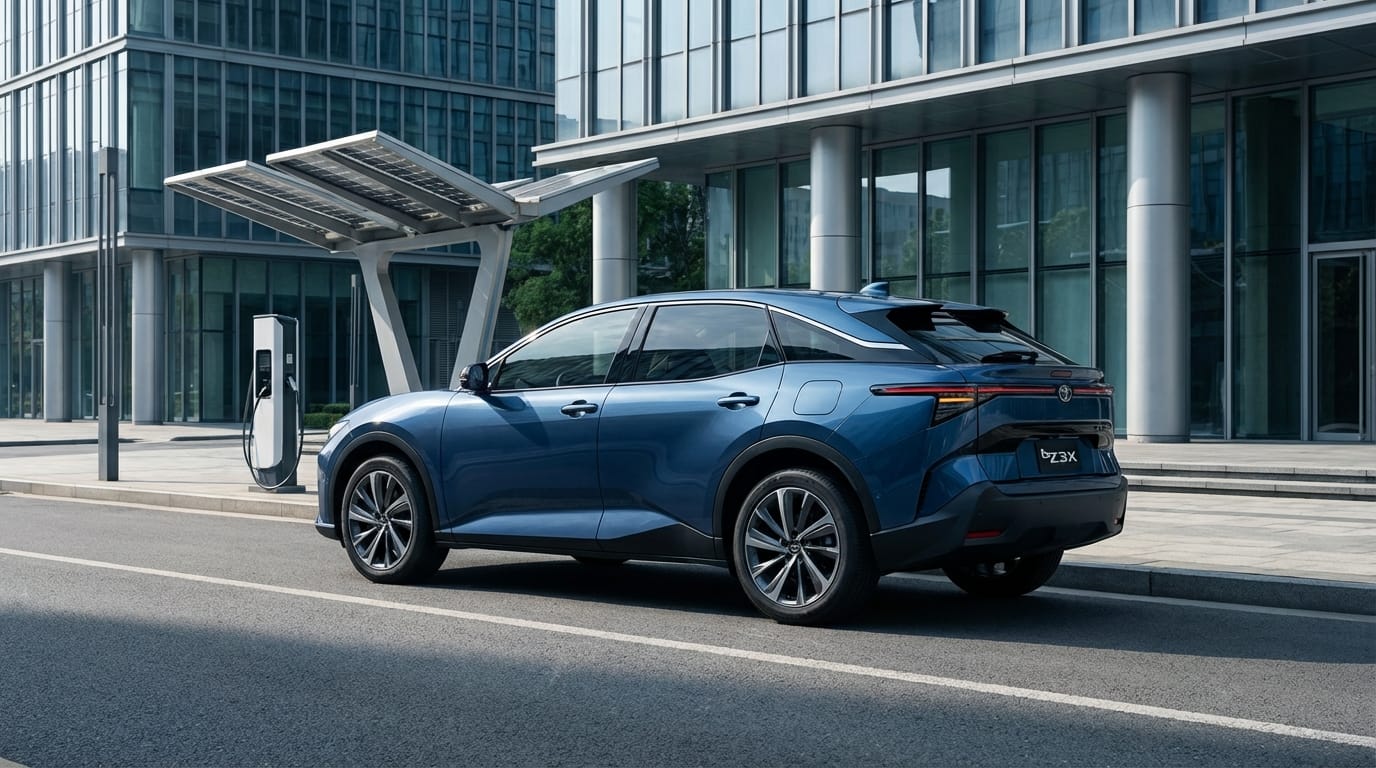 Toyota bZ3X - Vista trasera con estación de carga eléctrica