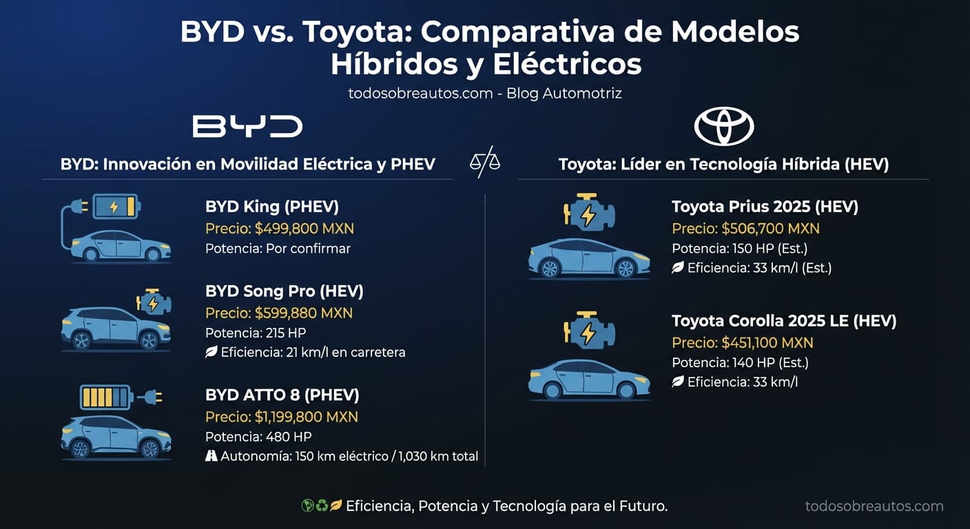 Infografía comparativa: Especificaciones y precios de BYD y Toyota