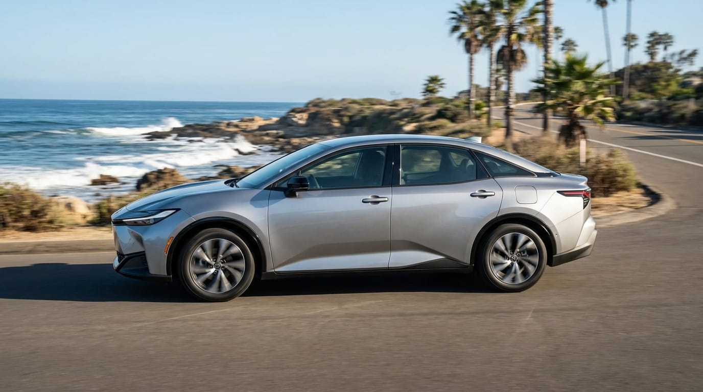 Toyota bZ3 - Perfil lateral conduciendo por carretera costera