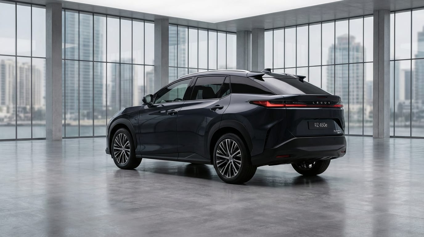 Lexus RZ 450e - Vista trasera 3/4 en showroom moderno