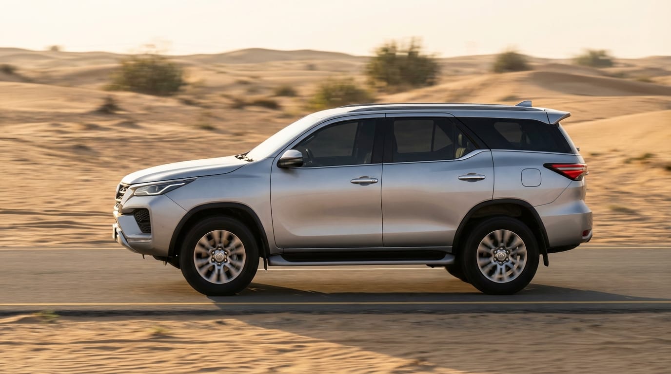 Toyota Fortuner 2026 - Vista lateral en movimiento mostrando su diseño robusto