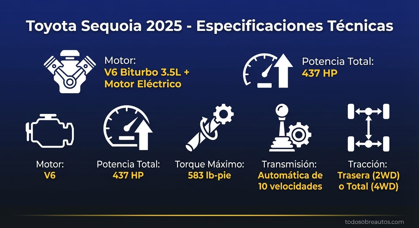 Infografía de especificaciones técnicas del Toyota Sequoia 2025