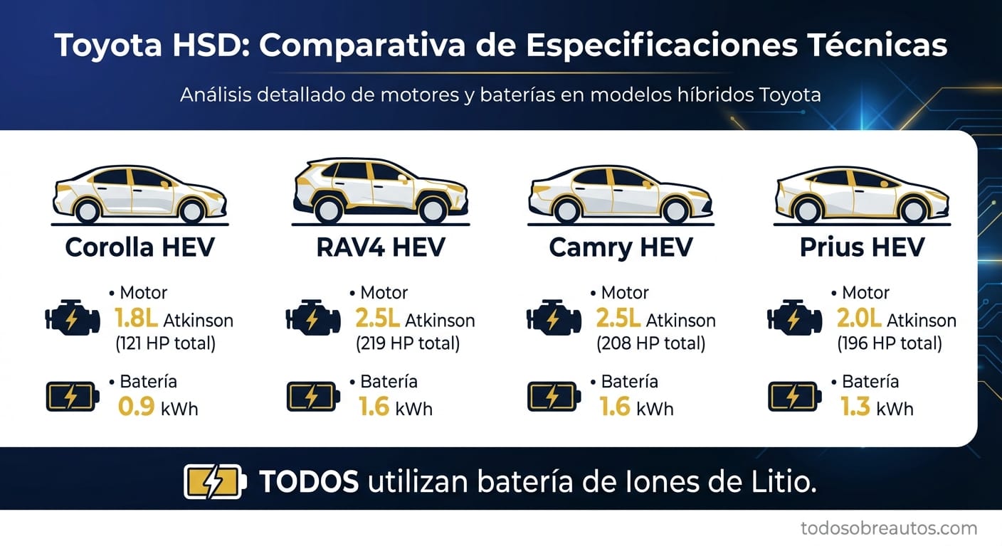 Infografía comparativa de especificaciones técnicas de la gama Toyota HSD