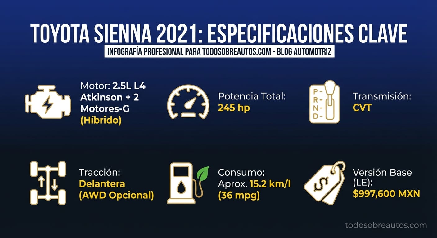 Infografía de especificaciones técnicas de la Toyota Sienna 2021