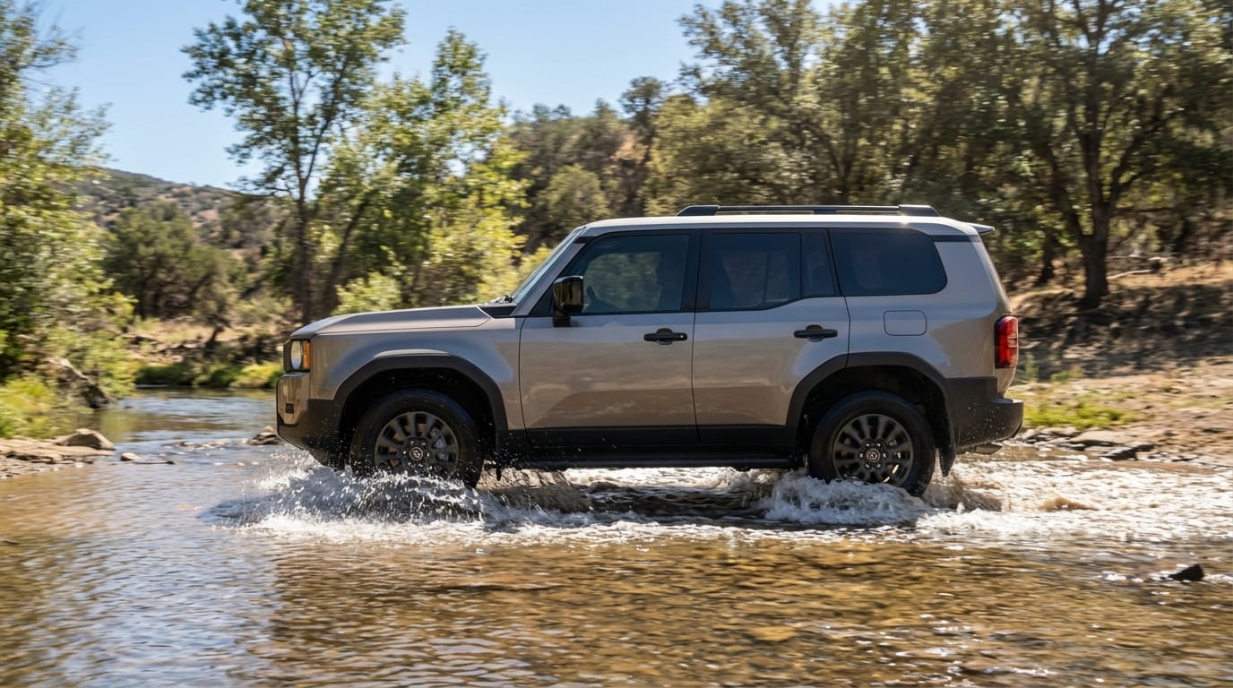 Toyota Land Cruiser 2025 vadeando un río - Demostración del sistema Full-Time 4x4 permanente
