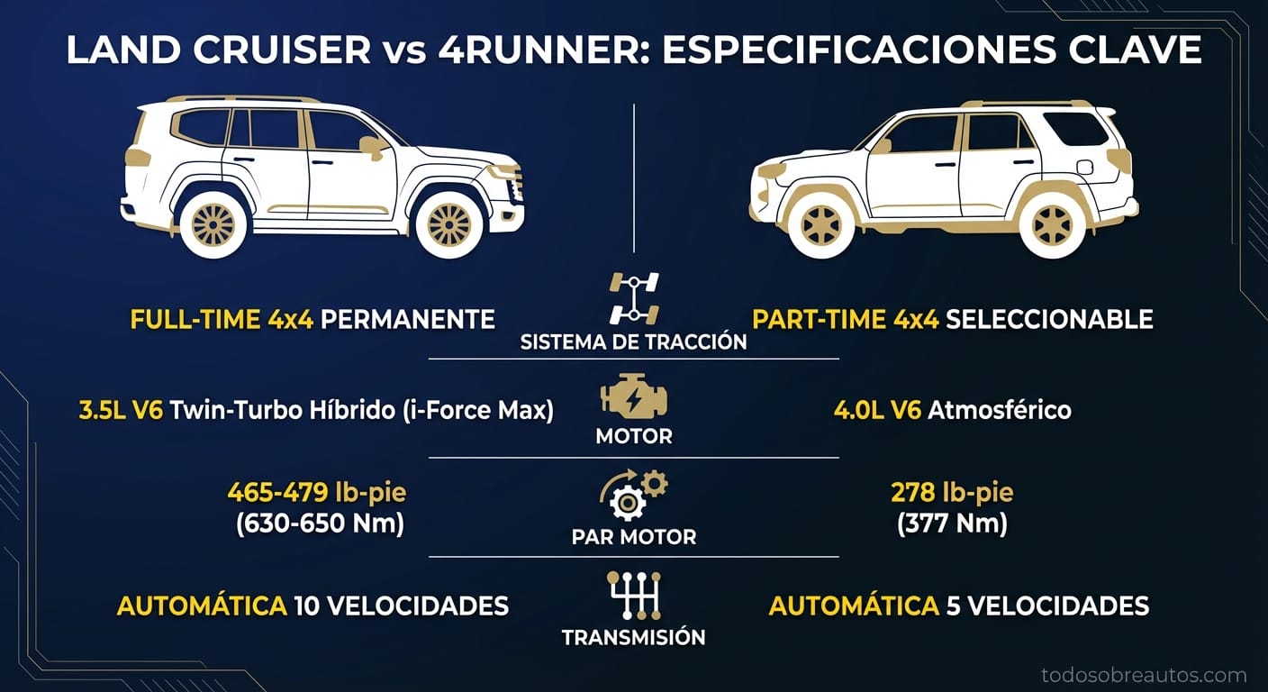 Infografía comparativa: Especificaciones técnicas Toyota Land Cruiser vs 4Runner