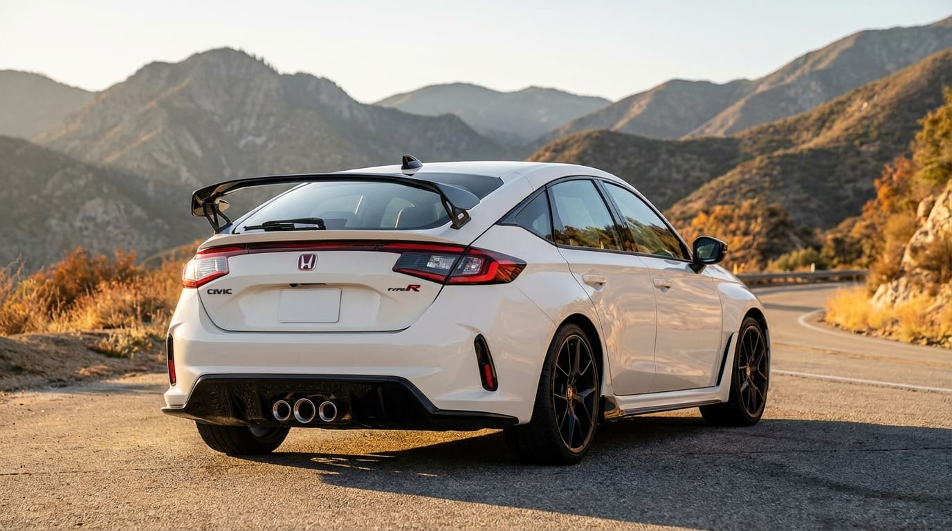 Honda Civic Type R FL5 - Vista trasera y alerón en carretera de montaña