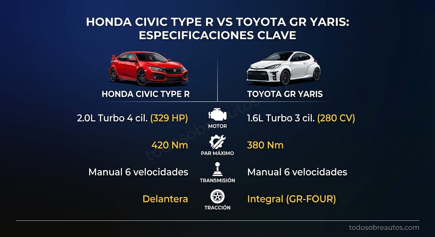 Infografía comparativa: Especificaciones Honda Civic Type R vs Toyota GR Yaris 2025