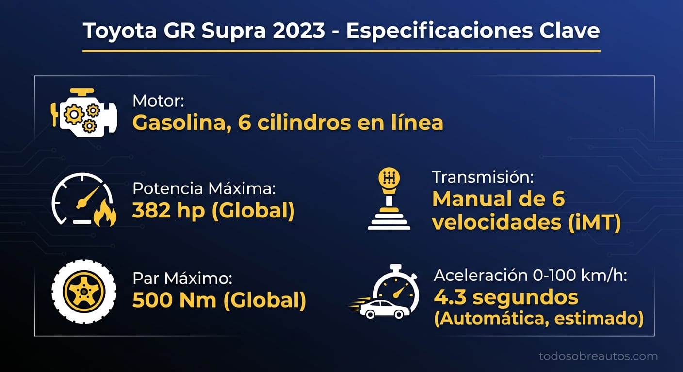 Infografía de especificaciones técnicas del Toyota GR Supra 2023