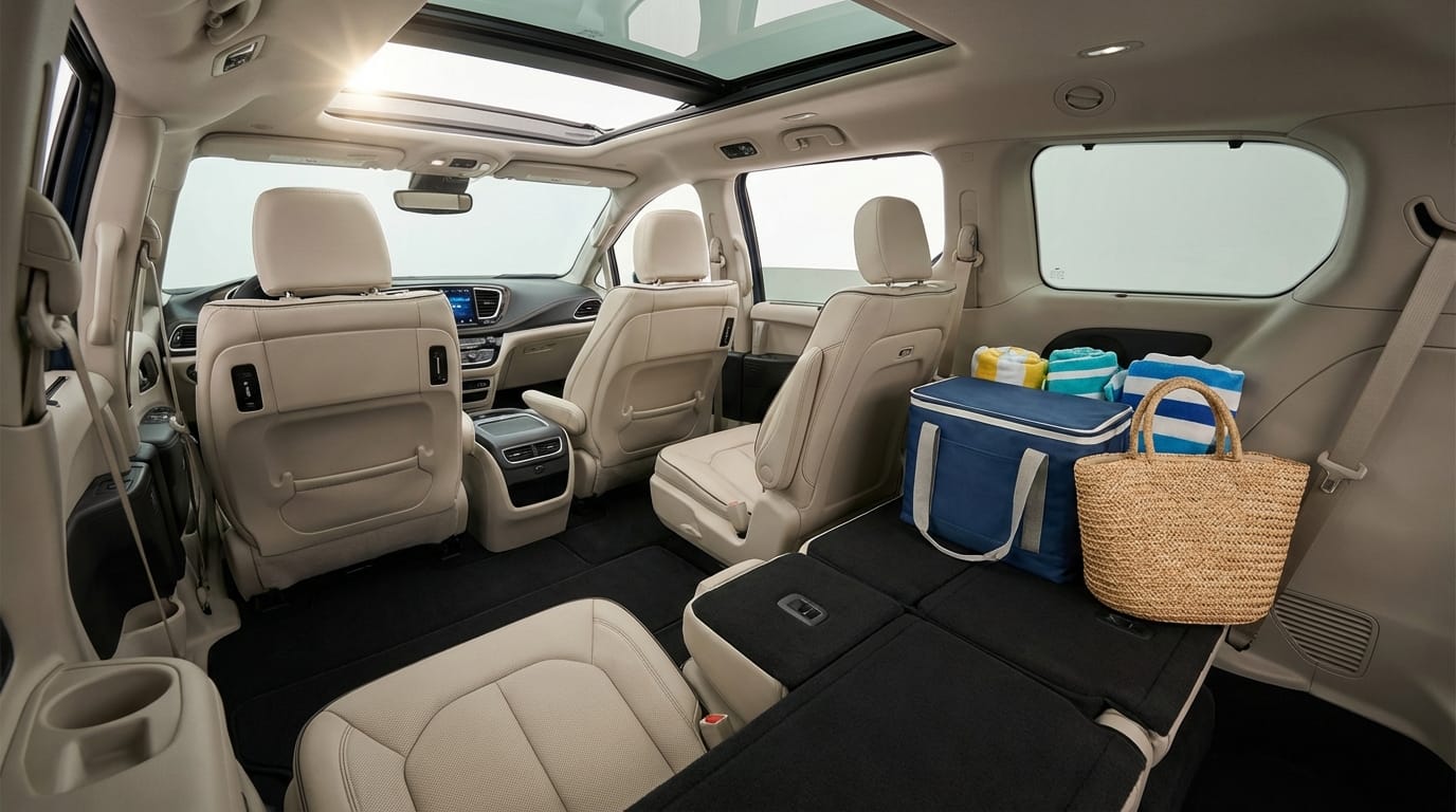 Interior espacioso y versátil de la Chrysler Pacifica PHEV 2025, mostrando asientos capitán y capacidad de carga