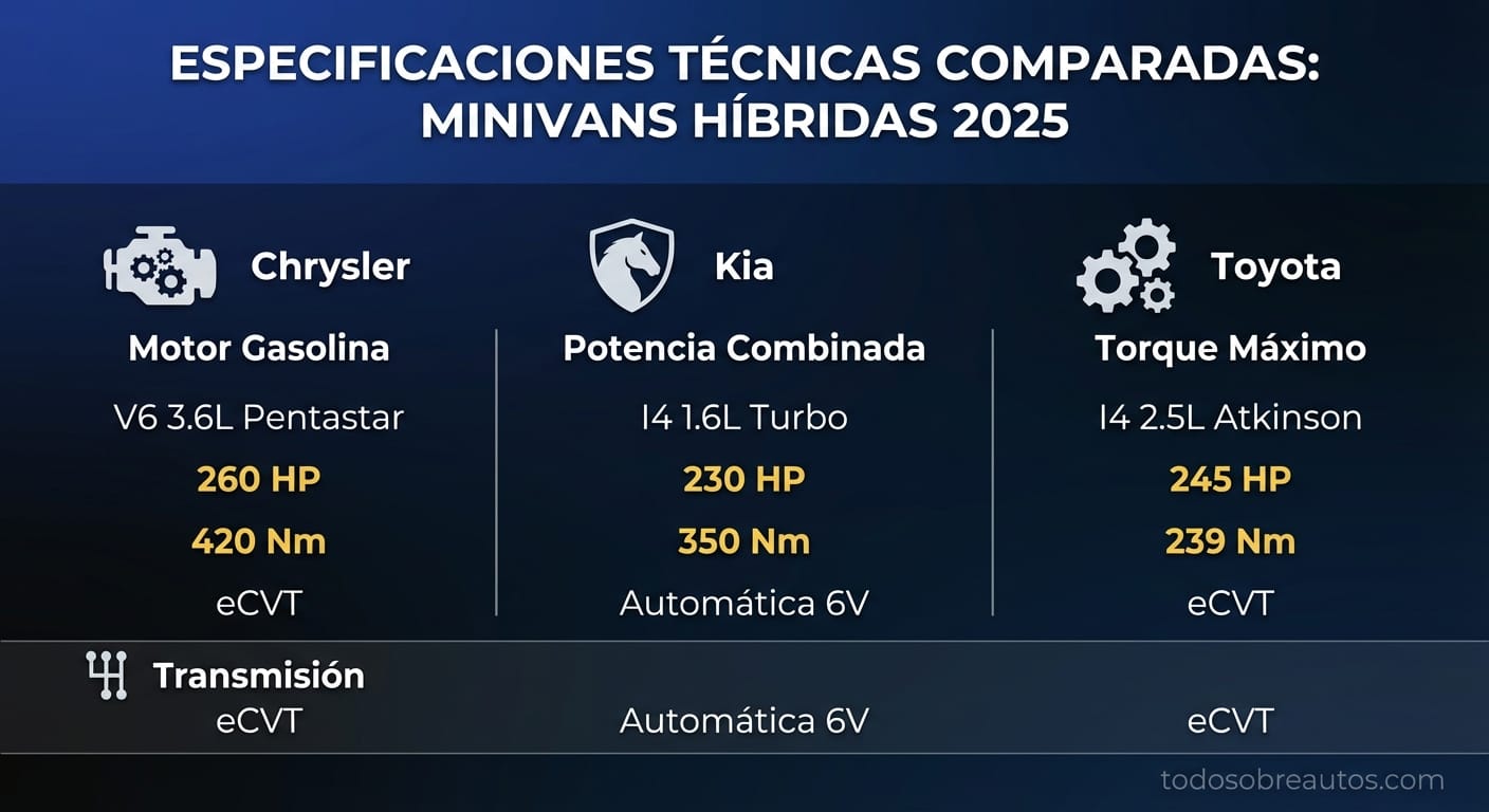 Infografía comparativa de especificaciones técnicas: Chrysler Pacifica PHEV vs Kia Carnival Hybrid vs Toyota Sienna Hybrid
