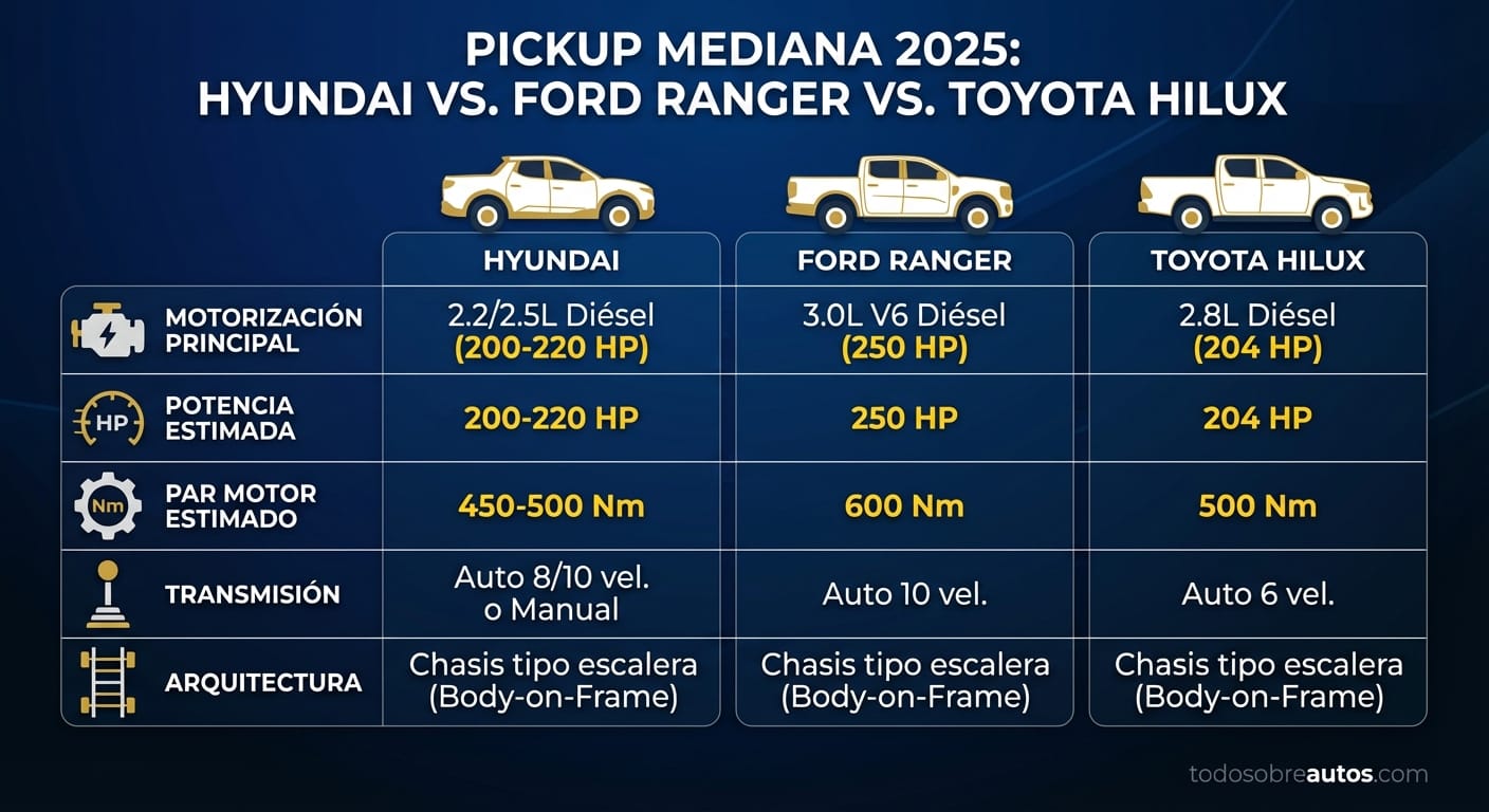 Infografía comparativa: Hyundai Pickup vs. Ford Ranger vs. Toyota Hilux - Especificaciones técnicas
