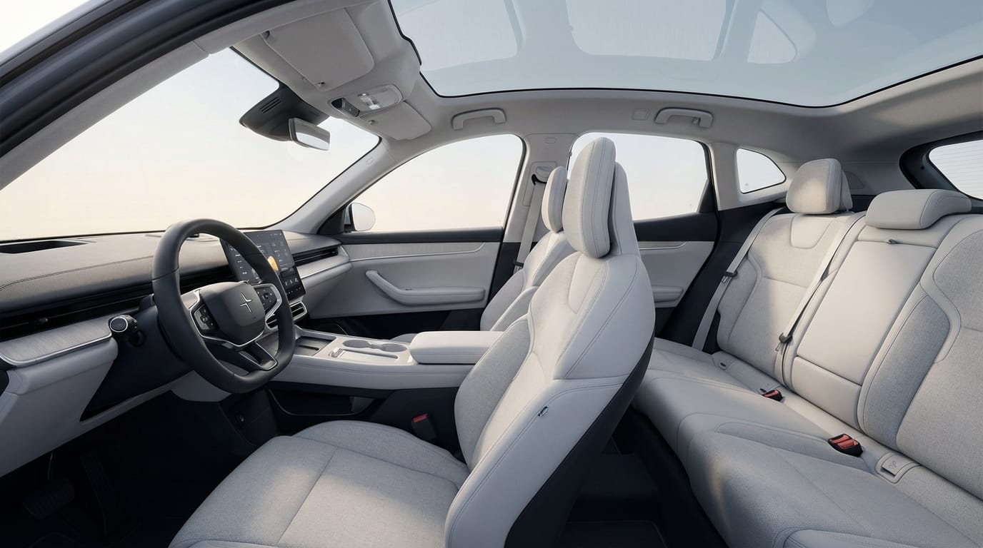 Interior espacioso y moderno de un auto eléctrico familiar con techo panorámico y pantalla táctil