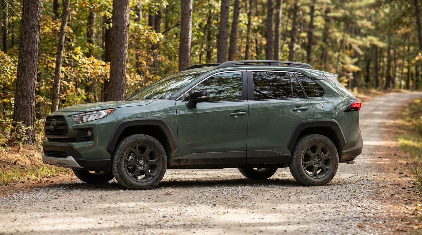 Toyota RAV4 Adventure 2021 en camino de grava - Perfil lateral mostrando capacidades off-road