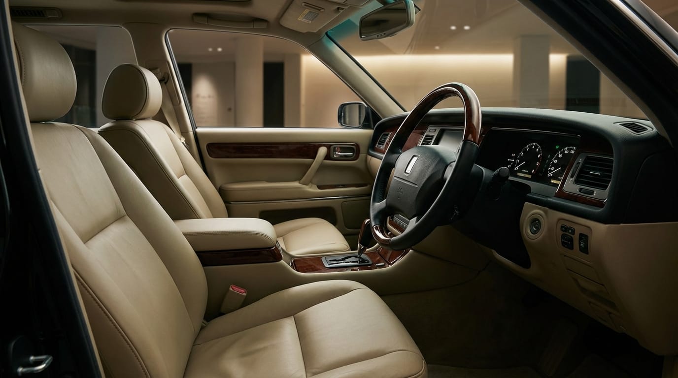 Toyota Century 1990 - Interior lujoso con asientos de cuero beige y detalles en madera
