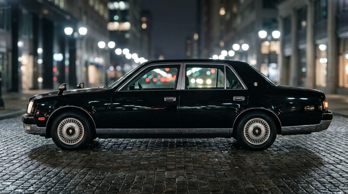 Toyota Century 1990 - Perfil lateral elegante en entorno urbano nocturno