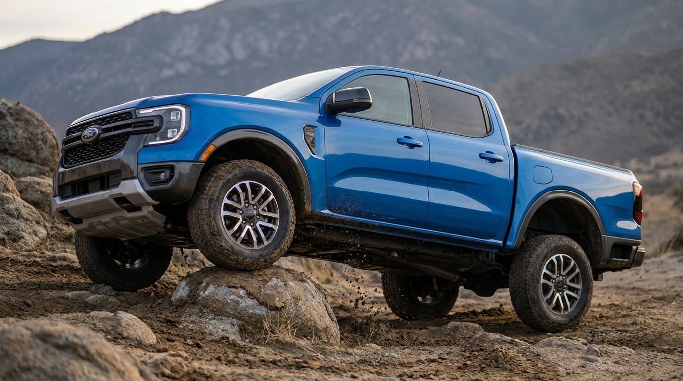 Ford Ranger 2025 demostrando sus capacidades off-road en una pendiente rocosa