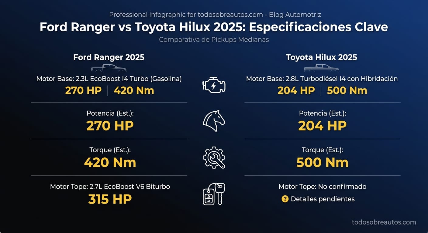 Infografía comparativa de especificaciones técnicas: Ford Ranger 2025 vs Toyota Hilux 2025