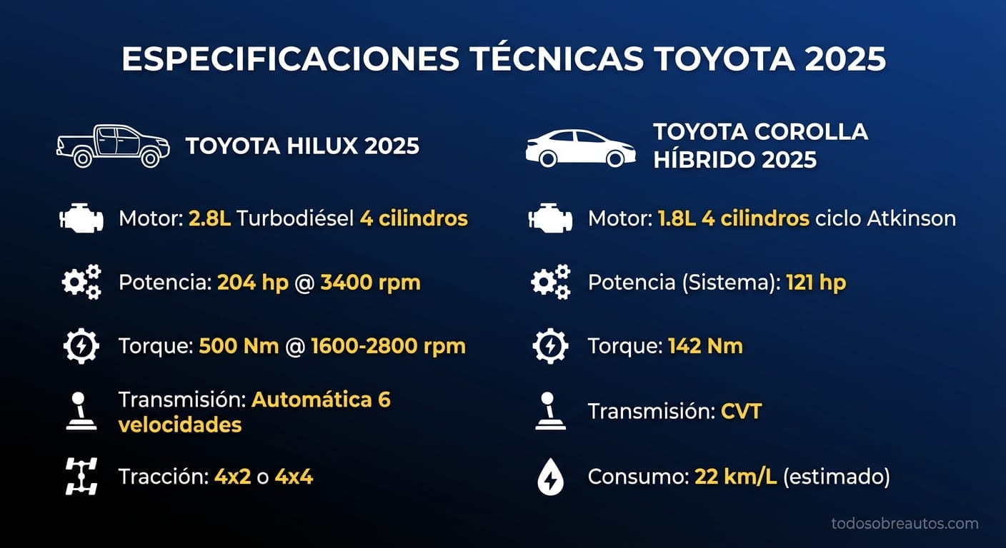 Infografía comparativa de especificaciones técnicas - Toyota Hilux 2025 vs Corolla Híbrido 2025