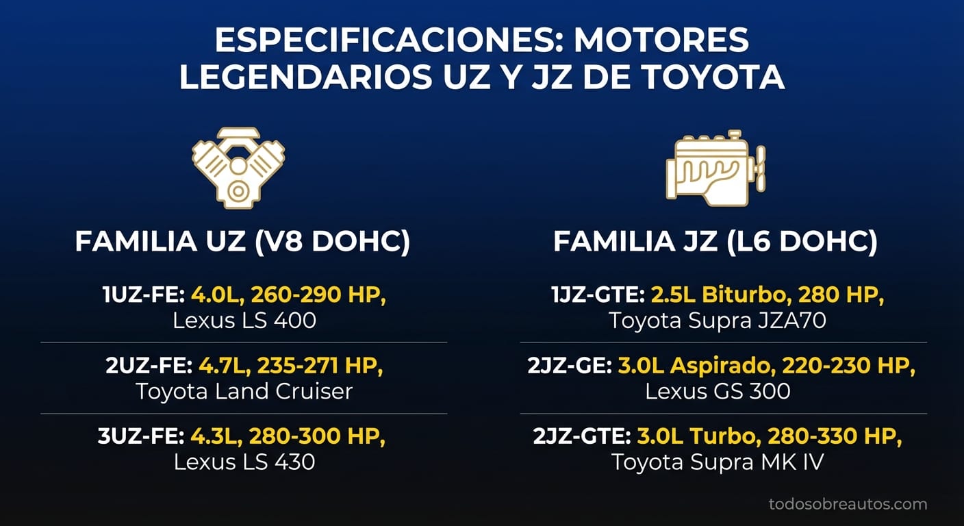 Infografía comparativa de especificaciones de los motores Toyota UZ y JZ