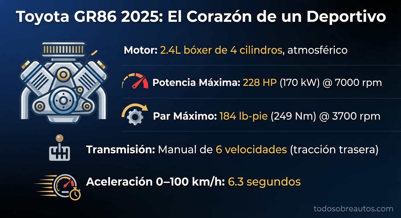 Infografía de especificaciones técnicas del Toyota GR86 2025
