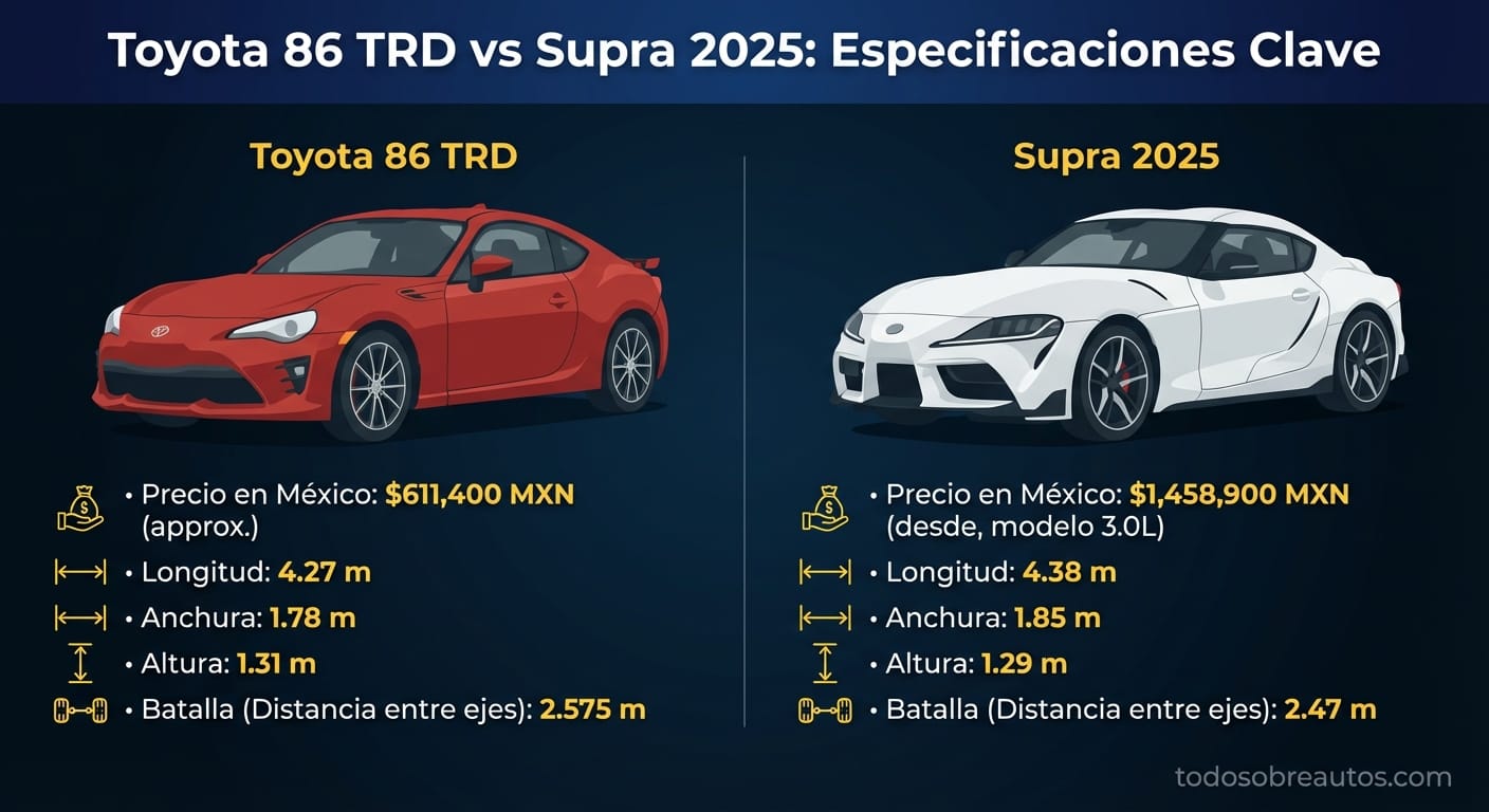 Infografía comparativa: Toyota 86 TRD vs Toyota Supra 2025 - Dimensiones y precio