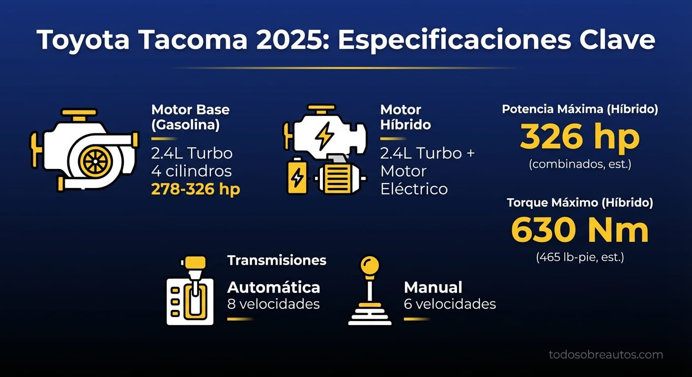 Infografía de especificaciones técnicas de la Toyota Tacoma 2025