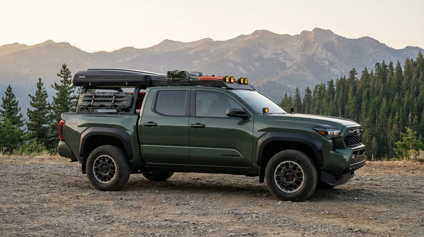 Toyota Tacoma Trail Hunter 2024 de perfil con equipo de campamento, lista para la aventura