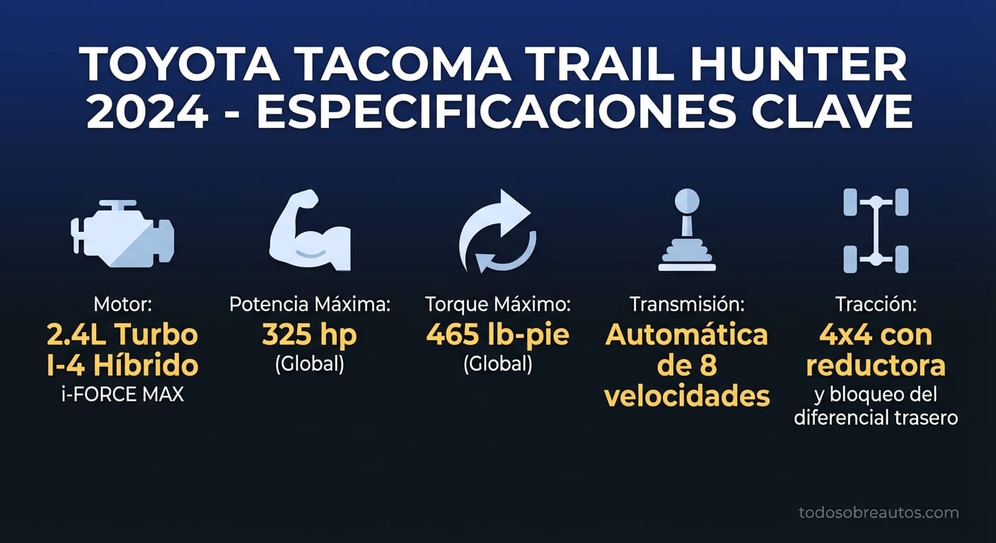 Infografía de especificaciones técnicas de la Toyota Tacoma Trail Hunter 2024
