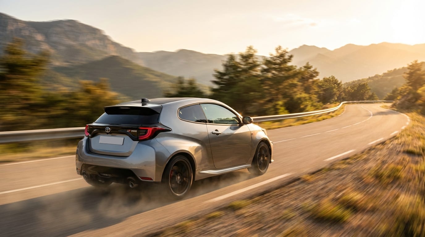 Toyota GR Yaris - Vista trasera en carretera de montaña