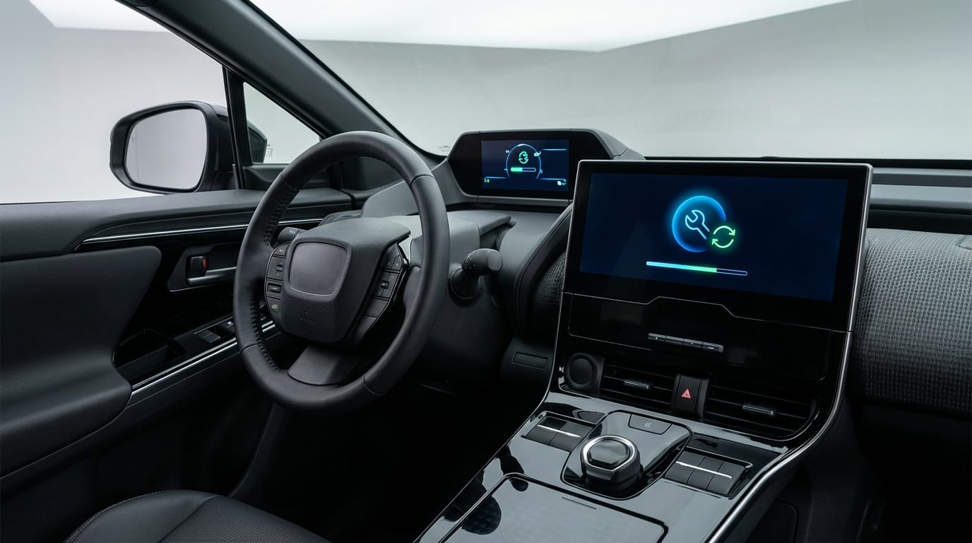 Interior y pantalla digital del Toyota bZ4X mostrando interfaz de actualización de software