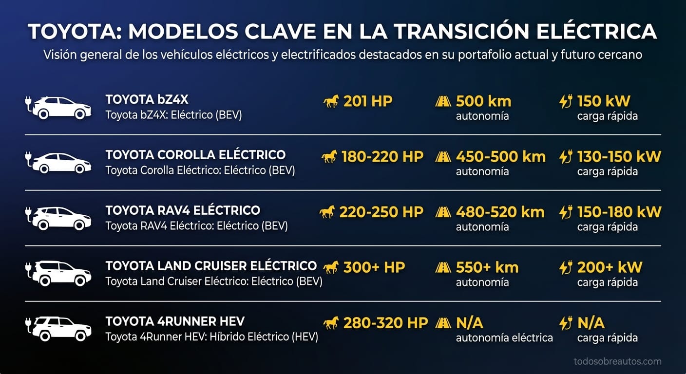 Infografía comparativa de especificaciones técnicas de modelos Toyota en transición eléctrica