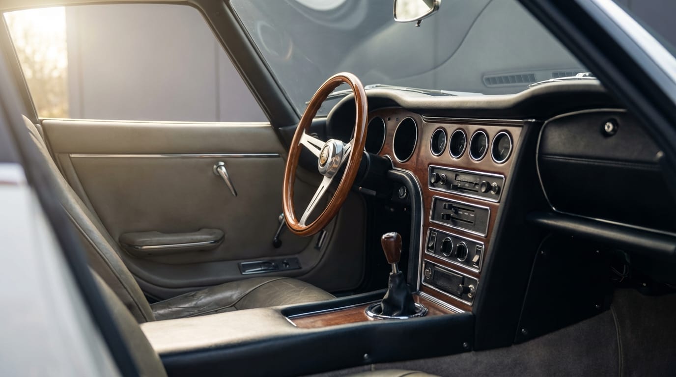 Toyota 2000 GT - Interior clásico con volante de madera y cuadro de instrumentos analógico