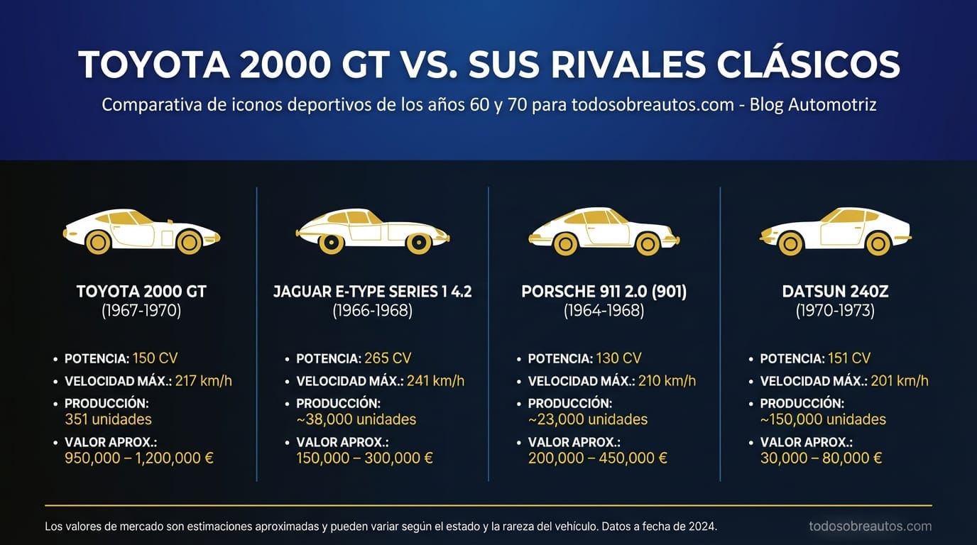 Infografía comparativa: Toyota 2000 GT vs Jaguar E-Type, Porsche 911 y Datsun 240Z