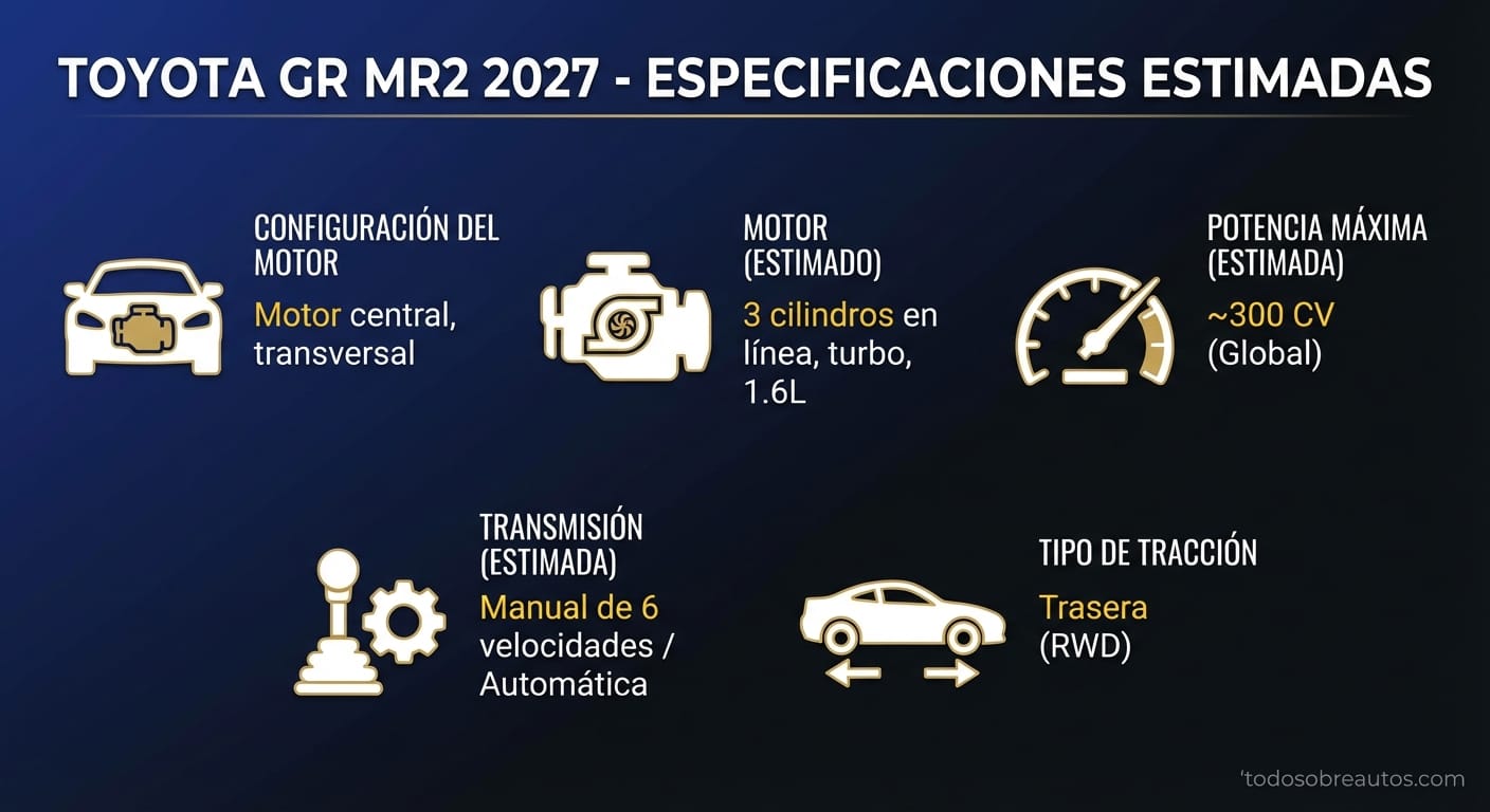 Infografía de especificaciones técnicas del Toyota GR MR2 2027