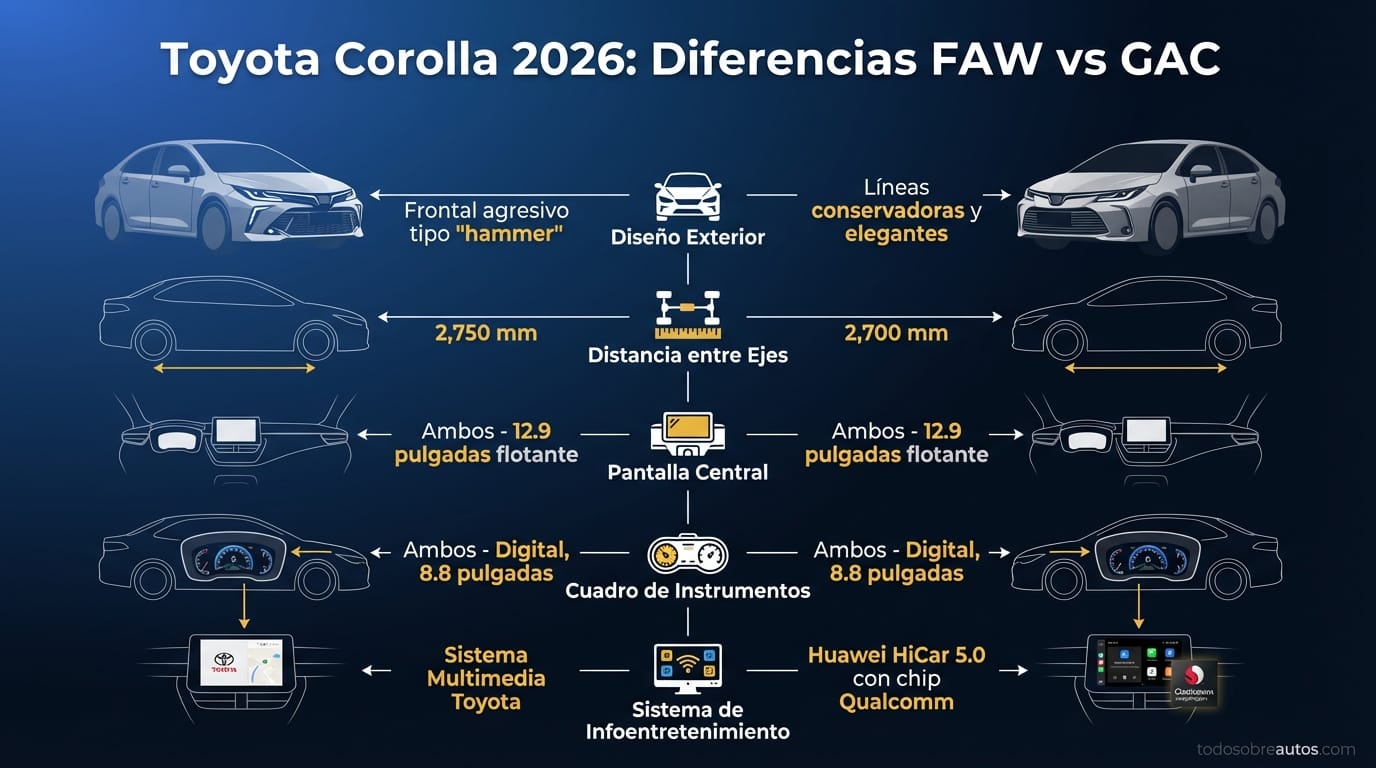 Infografía comparativa: Toyota Corolla 2026 FAW vs GAC Toyota Levin L
